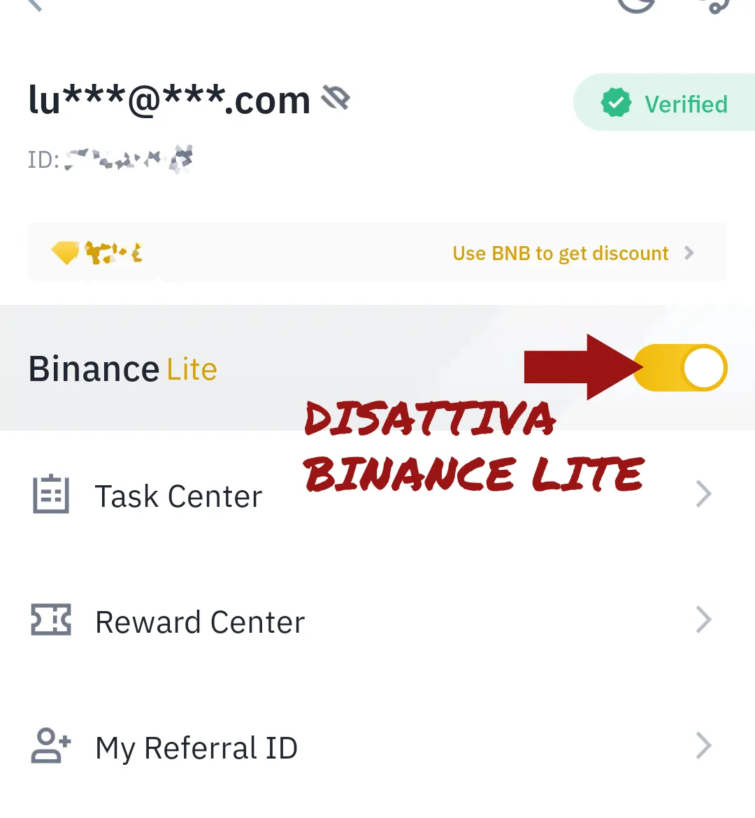 disattiva binance lite da app